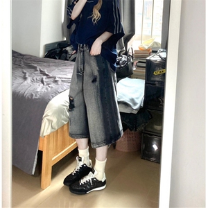 七分破洞牛仔裤男夏季街头个性水洗宽松阔腿直筒中裤 ND622图片