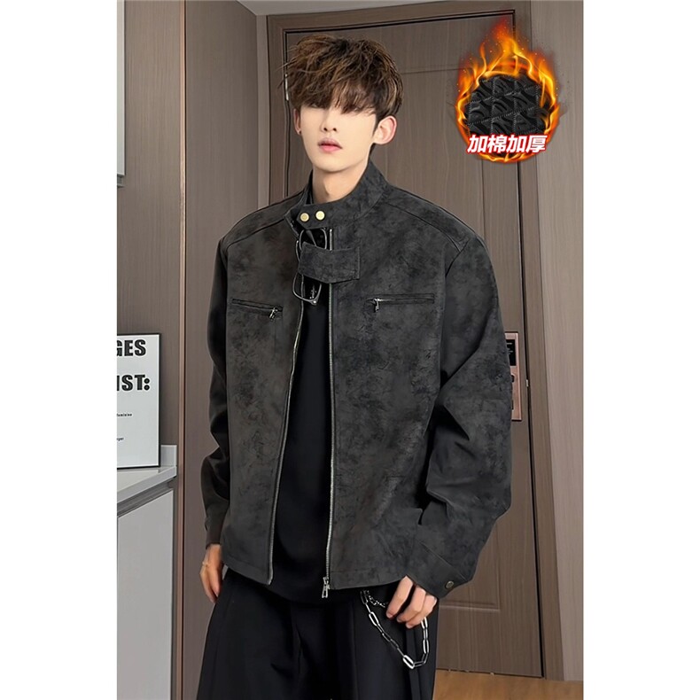 现货美式短款夹棉加厚扎染立领皮衣PY03/P85，男装皮衣，星座205-3