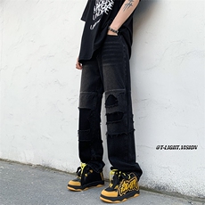 B221美式ins高街暗黑小众撞色破洞直筒牛仔裤LK23109-P65控88，男装牛仔裤，电商B221