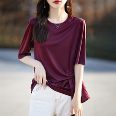 夏季新款纯色圆领醋酸短袖女设计感不规则下摆时尚高级套头T恤薄，女装T恤，臻维羊绒