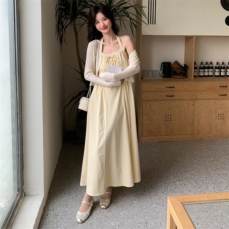 法式穿搭黄色挂脖吊带连衣裙叠穿开衫女春秋超火好看绝美长裙套装,女装连衣裙,2D035