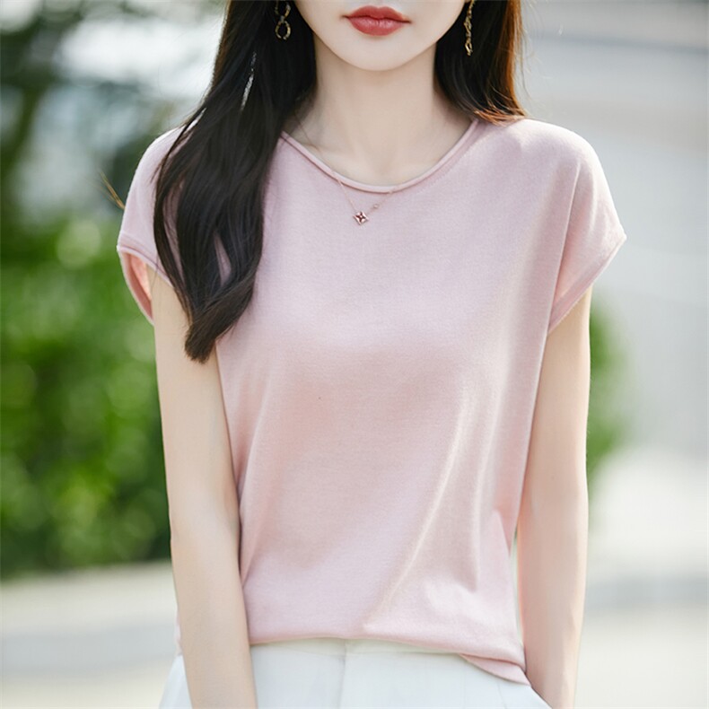 圆领短袖t恤女2025夏季新款薄款卷边宽松冰丝针织上衣图片