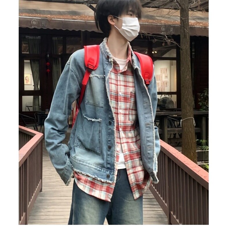 牛仔外套男小香风早秋薄款肩垫水洗短款复古新款夹克图片