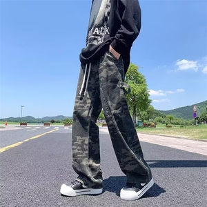 N43-P41夏季扎染毛边牛仔裤男直筒做旧水洗日系复古休闲痞帅,白色蕾丝上衣搭配图片图片