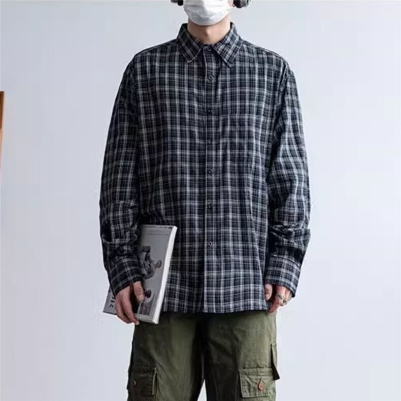 1506/Q30560/P38日系潮子衬衫男春秋季新款百搭复古格纹情侣衬衣,男装衬衫,星座1506
