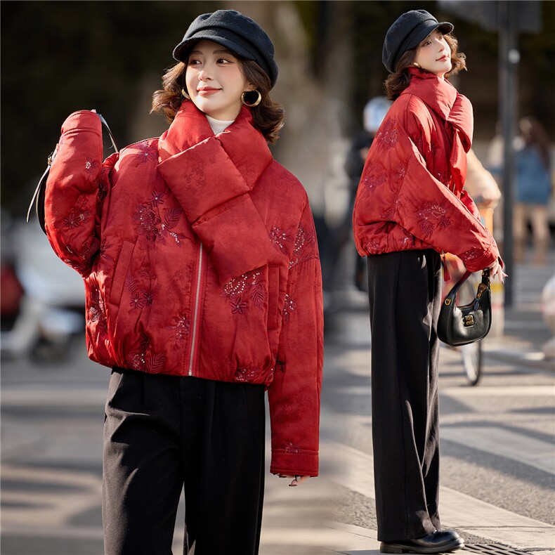 水衣源889款刺绣带围脖短款夹棉棉服外套女,女装棉衣/棉服,水衣源