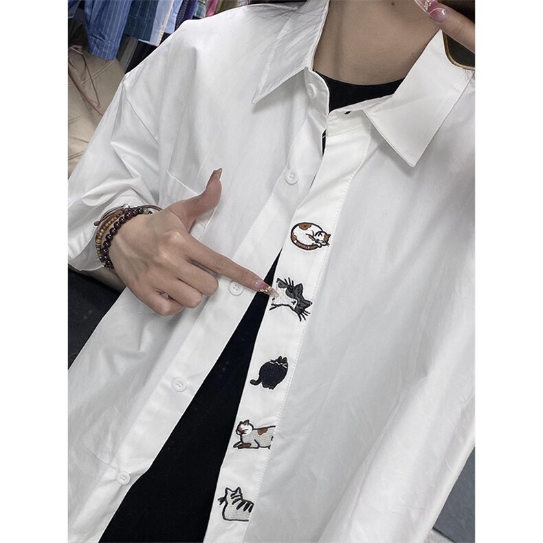 日系趣味小猫刺绣短袖衬衫女夏季学院风显瘦百搭2025超火减龄上衣,男装衬衫,星座1210-1