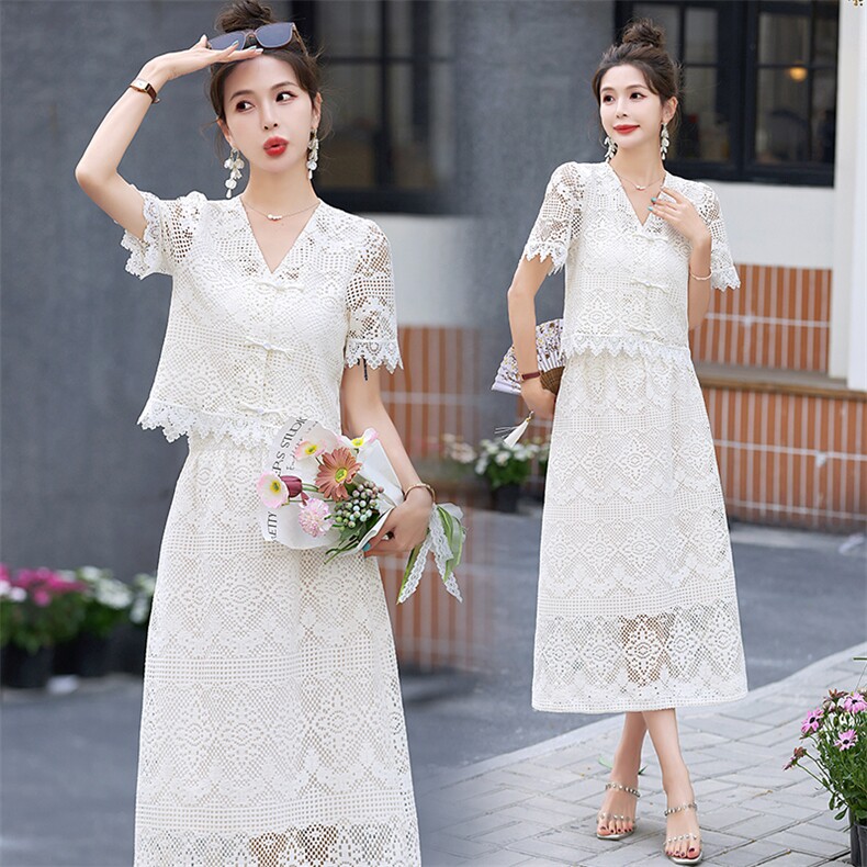 设计感国风蕾丝上衣半身裙两件套女夏季新款名媛气质高级感套装裙，女装套装/套裙，梦依杭