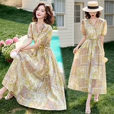 法式复古波西米亚风连衣裙2025夏季新款时尚收腰显瘦印花裙子女，女装连衣裙，魅丽静蓝