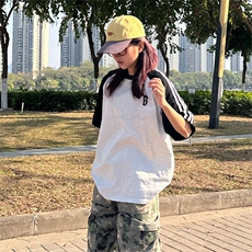 抖音得物品质二开240克宽松纯棉美式潮牌插肩三杠织带短袖T恤，男装T恤，电商A486-1
