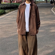 春秋新款日系复古穿搭青少年条纹长袖衬衫男生学院风宽松衬衣外套，男装衬衫，星座506A