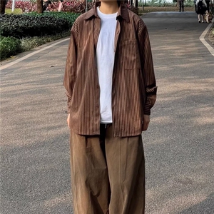 春秋新款日系复古穿搭青少年条纹长袖衬衫男生学院风宽松衬衣外套图片