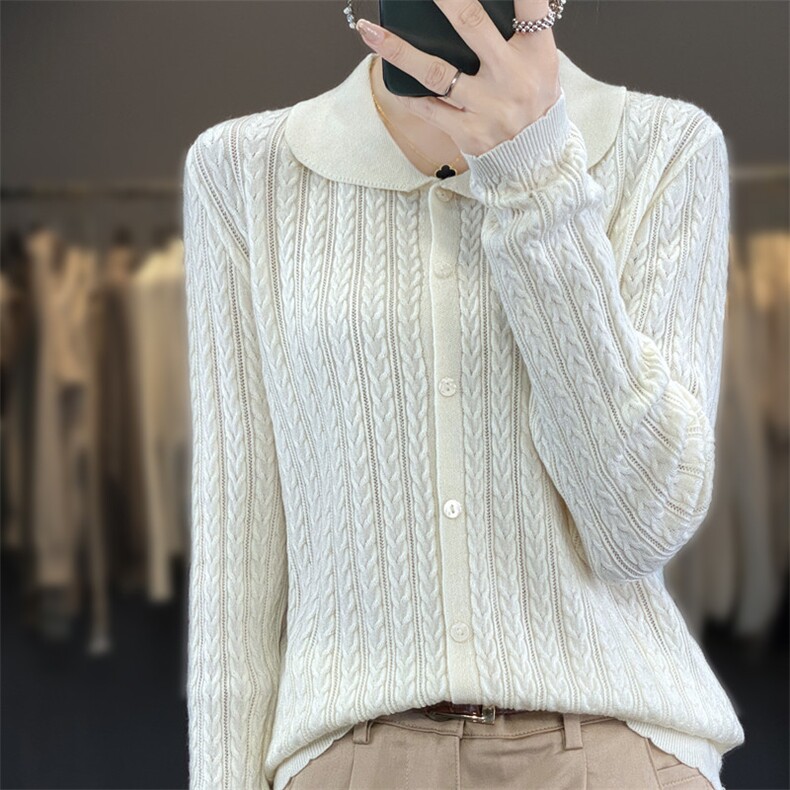 时尚百搭黑色娃娃领镂空双股精纺羊毛开衫，女装针织衫/毛衣，雪真羊绒