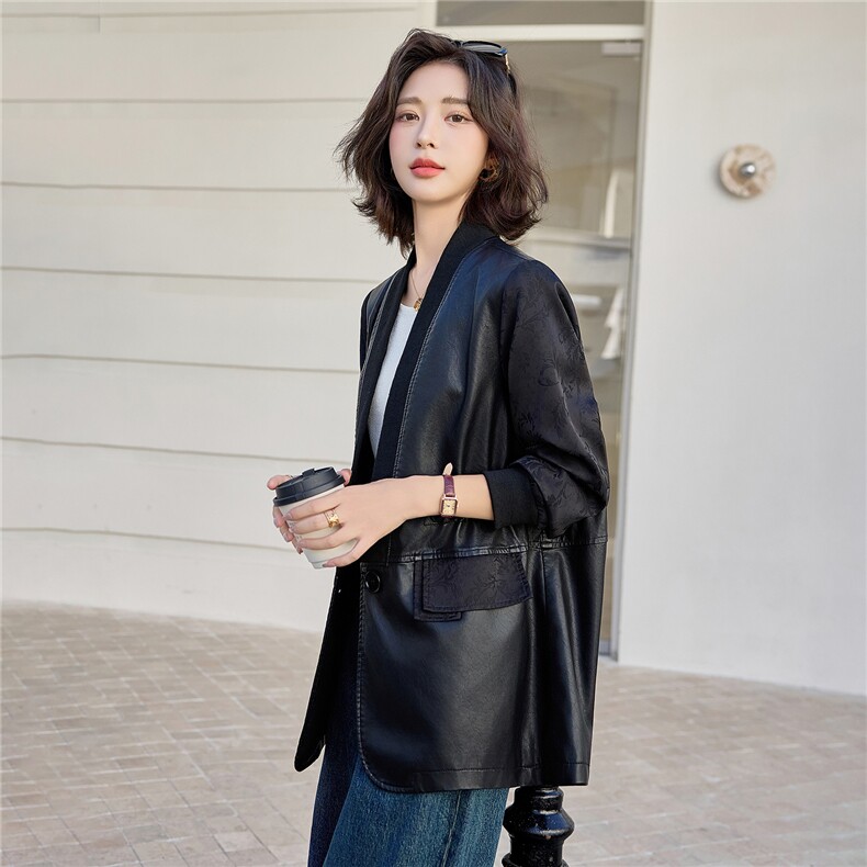 时髦提花拼接皮衣外套女中长款2025秋季新款宽松收腰气质休闲上衣,女装皮衣,依万里
