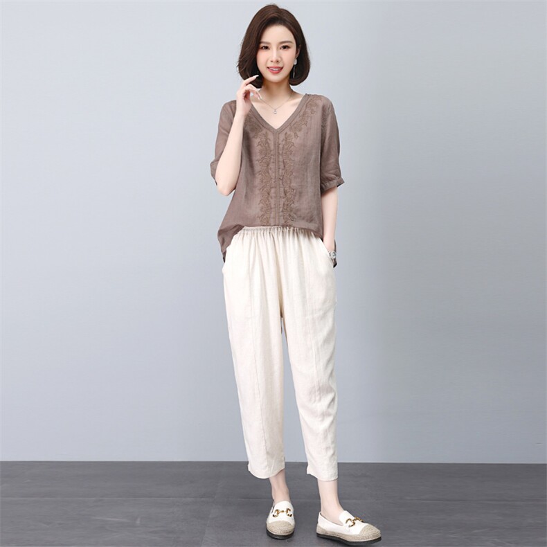 中年妈妈套装女夏季2023新款时尚宽松气质刺绣两件套苎麻短袖T恤,女装套装/套裙,涵誉