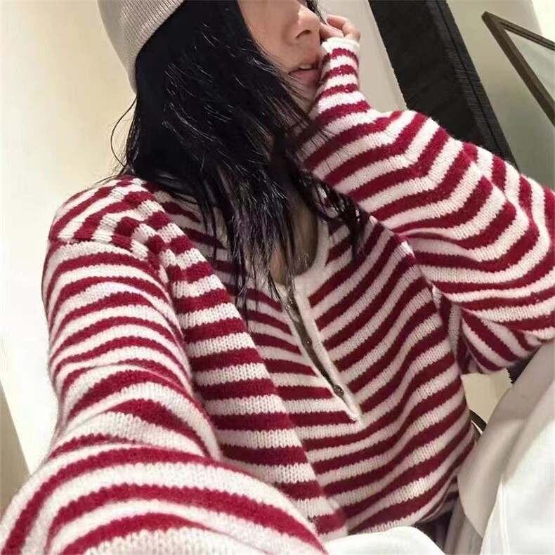 秋冬新款羊毛衫女圆领毛衣条纹长袖保暖套头针织打底衫,女装羊毛衫,锦瑟羊绒