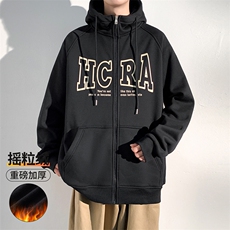 2023冬季新款港风加绒加厚撞色字母印花开衫连帽卫衣23136-P58，男装卫衣，星座914-3
