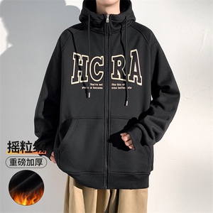 2023冬季新款港风加绒加厚撞色字母印花开衫连帽卫衣23136-P58图片