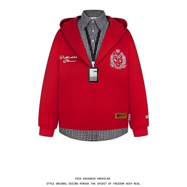 W10438-P58网图现货原宿连帽卫衣假两件拼接格子日系潮流外套,女装短外套,星座1608