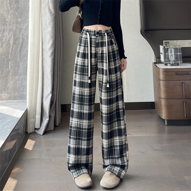 格纹直筒垂感休闲裤女秋季新款胖mm大码显瘦梨形宽松阔腿裤,女装休闲裤,云美莎专业女裤-全店现货