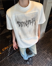 25设计感手工网格喷绘男士拼接垫肩短袖T恤dx197-p78，男装T恤，电商B288