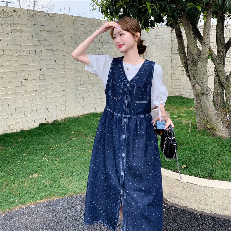 2025夏季韩系牛仔波点背心裙套装女洋气泡泡袖上衣淡人穿搭两件套,女装连衣裙,维壹