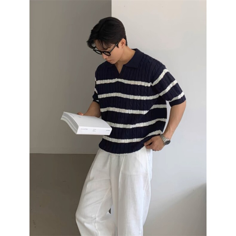 1506/QK370/P45夏季蓝白翻领Polo衫短袖针织衫男韩东大门,男装T恤,星座1506