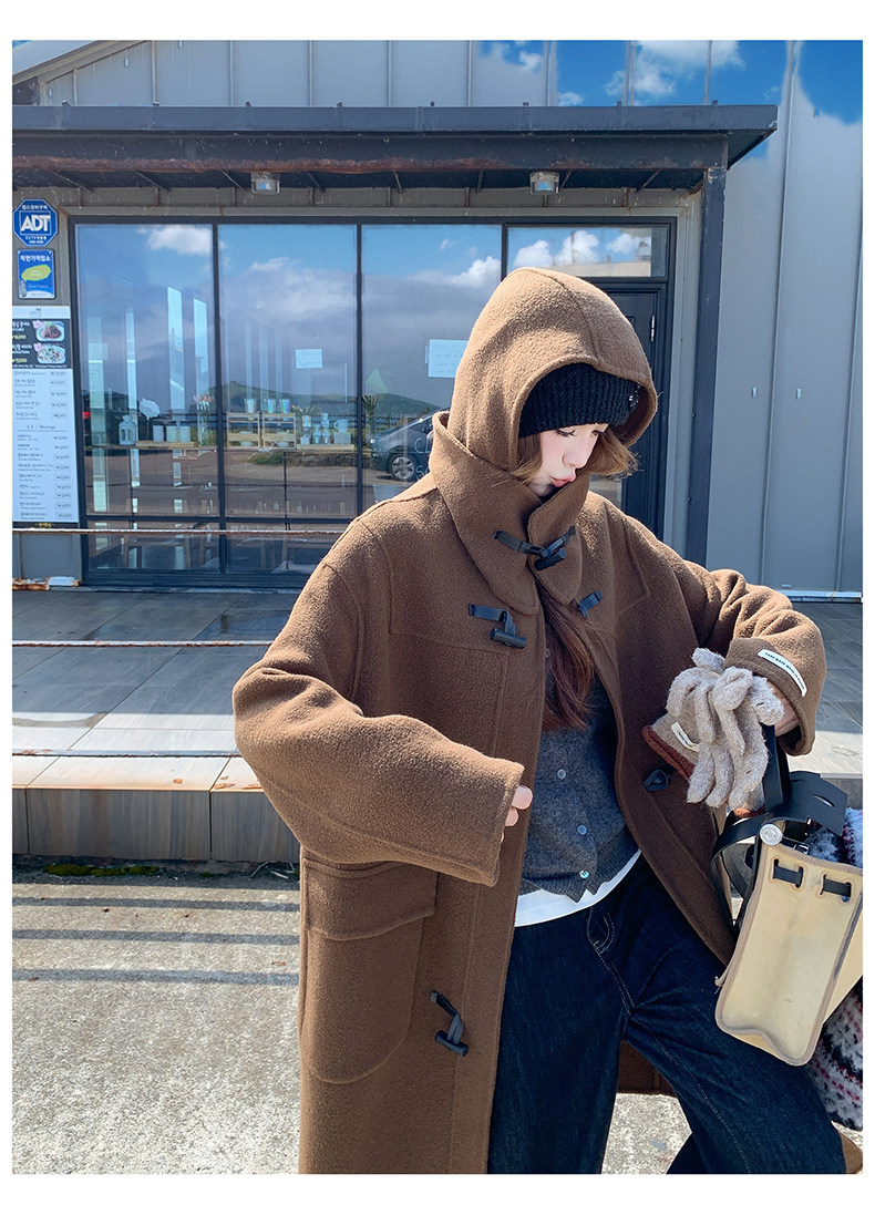 学院风咖色双面羊绒大衣女冬牛角扣连帽长款毛呢外套,女装双面呢大衣,浙宝290（原306）