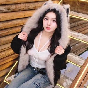 A542-P95 鹿皮绒外套棉衣女冬季慵懒风棉袄休闲冬衣连帽棉服上衣图片