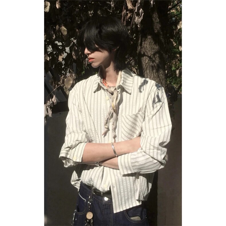 网图有货 条纹衬衫休闲长袖衬衣高智感复古宽松上衣男女 A867-P38图片