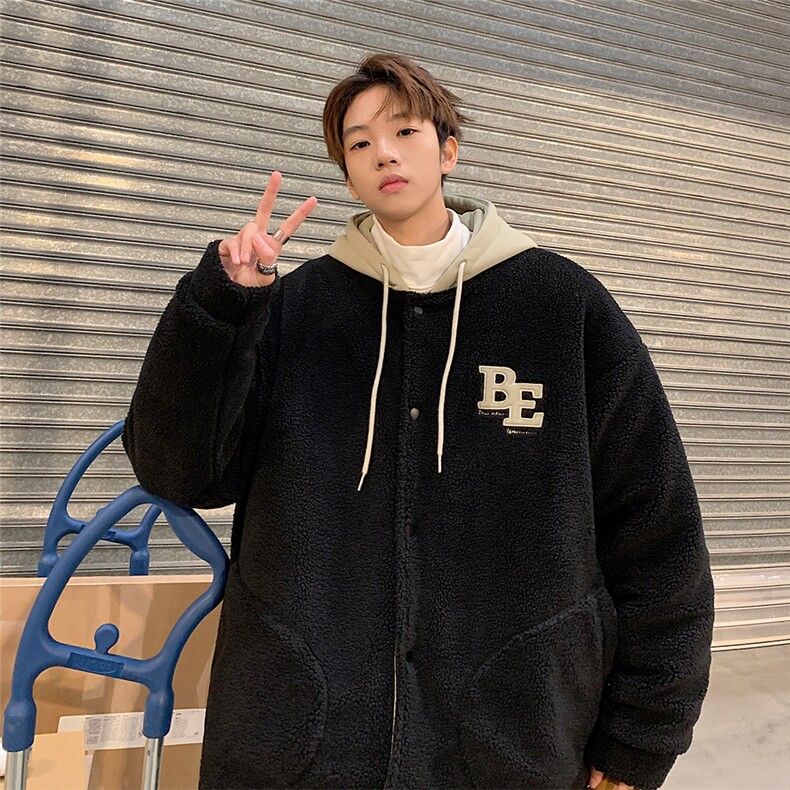 EQ334字母绣花拼接撞色羊羔毛外套男冬季加厚棉衣港风潮流棉服,男装棉衣,电商C306-1