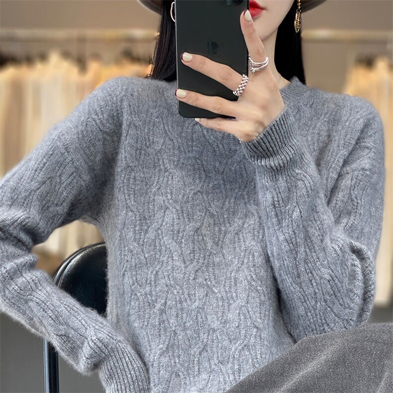 秋冬新款100%纯羊毛衫女宽松圆领加厚绞花毛衣百搭针织羊绒打底衫,女装羊毛衫,琳尚羊绒