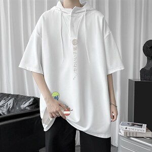 LD54152-P45 连帽短袖t恤男大码胖子带帽五分袖中袖图片
