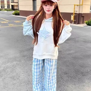 美式高街星星刺绣连帽卫衣男女秋冬季新款情侣撞色拼接外套上衣图片