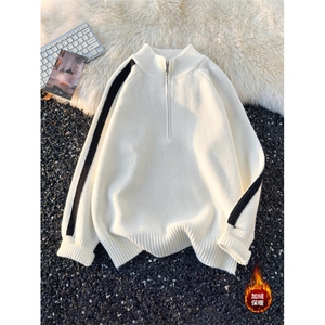 新款加绒少年感半拉链拼色毛衣，A061-AM01858JR-特P55-平铺图图片