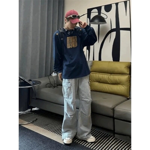 藏青色刺绣圆领卫衣男春秋季ootd穿搭高级感美式复古全棉长袖t恤图片