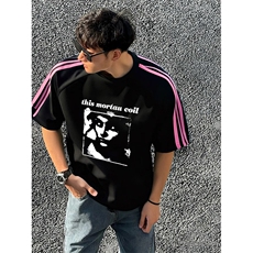 抖音得物品质二开240克宽松纯棉美式潮牌印花三条杠中性风短袖T恤，男装T恤，电商A486