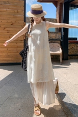 假两件荷叶边拼接无袖背心连衣裙女夏2025新款白色超好看独特长裙，女装连衣裙，2C201