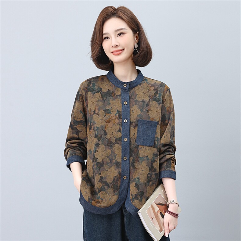 时尚拼接印花宽松长袖衬衫女春装新款休闲百搭上衣,女装衬衫,悦见她