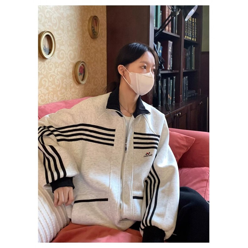 条纹撞色夹克外套男2026春秋新款美式潮牌宽松设计感立领开衫卫衣,男装夹克,四季星座505