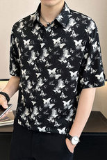 店主风~抖音夏季薄款冰丝蝴蝶印花中袖衬衫C282/特P33，男装衬衫，电商B331