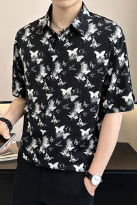 店主风~抖音夏季薄款冰丝蝴蝶印花中袖衬衫  C282/特P33图片