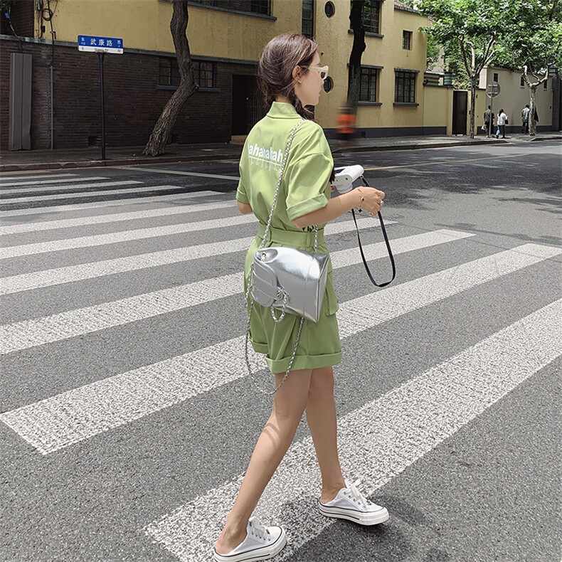 果绿色收腰显瘦连体短裤女2023夏季新款韩版小个子炸街工装连衣裤,女装连体裤,2C037