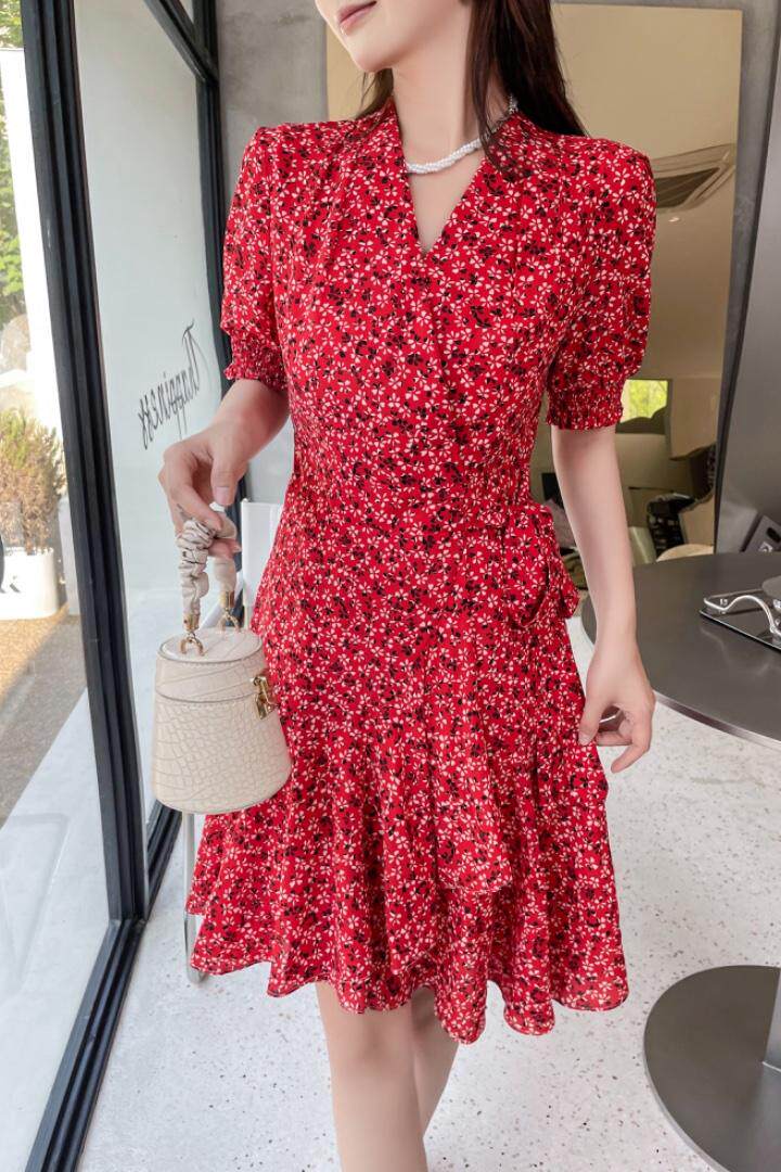 夏季碎花连衣裙，女装连衣裙，吉之红