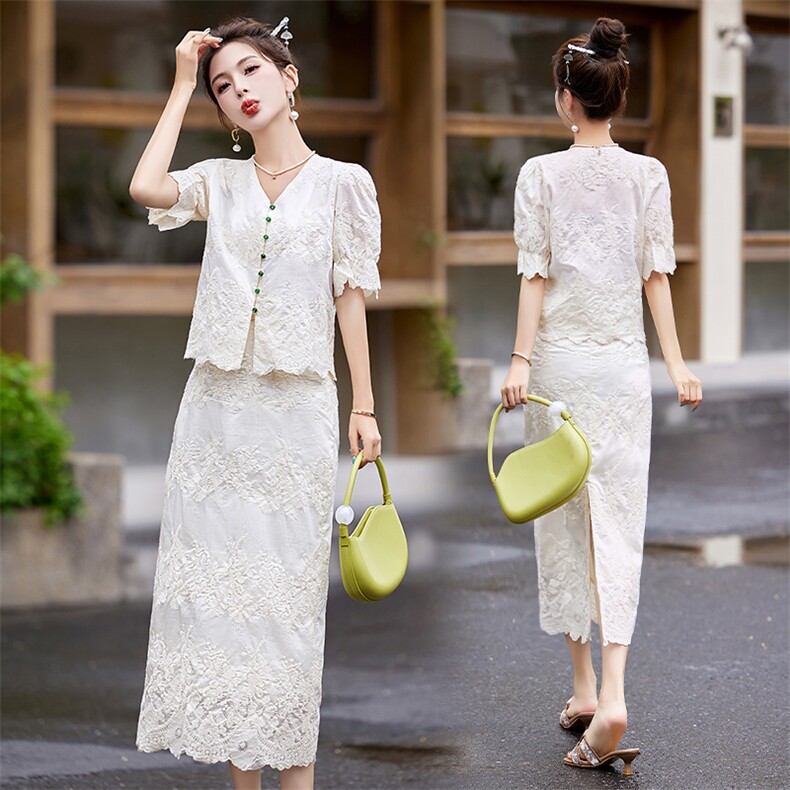 2024夏季新款刺绣提花小香风气质温柔两件套裙，女装套装/套裙，星期衣