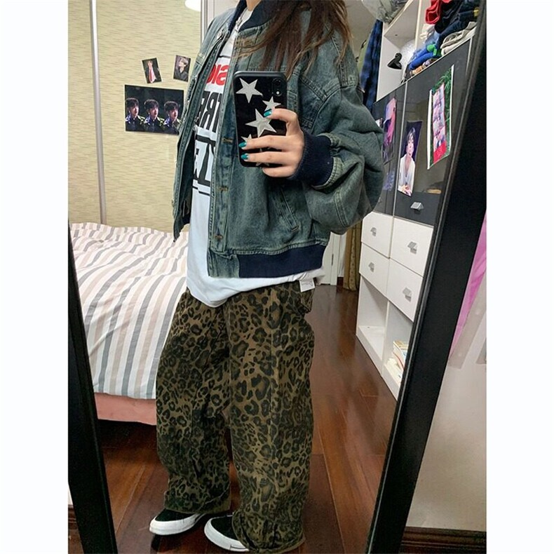 DB7262-P48豹纹牛仔裤男女直筒春秋季阔腿拖地牛仔裤-网图现货图片