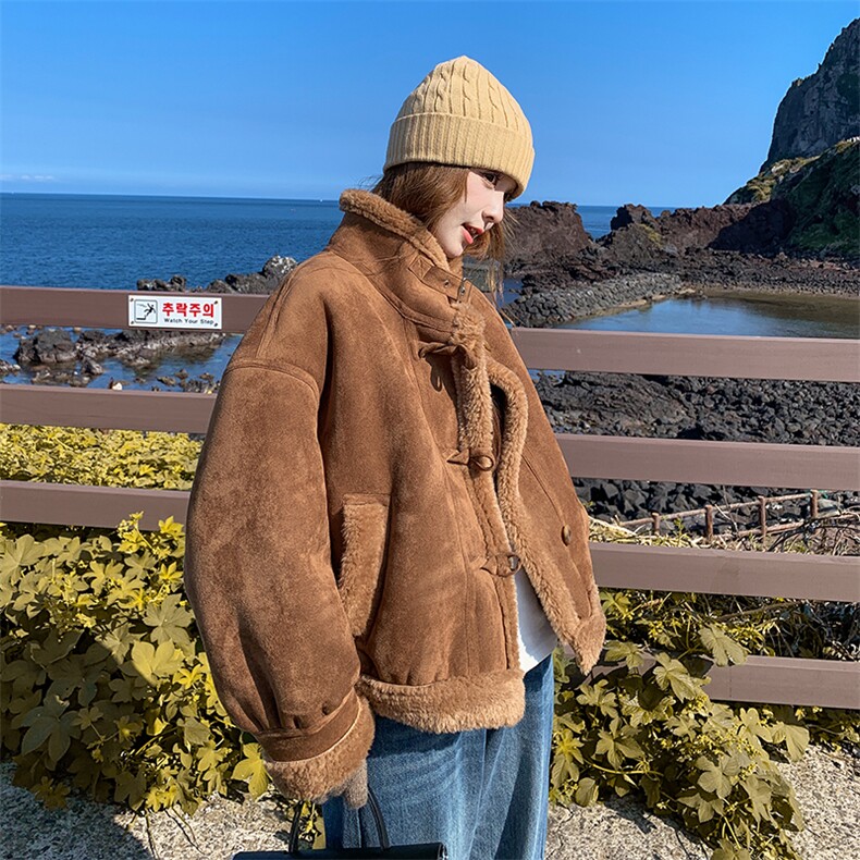 皮毛一体仿羊羔毛短外套女冬季2025新款爆款小个子加绒加厚棉服潮，女装羊羔毛/颗粒绒，诺蝶