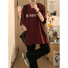 巴家重磅暗红色短袖垫肩T恤软金属立体印花宽松体恤T2429-P35，男装T恤，星座1213