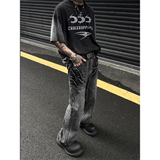 美式复古闪电纹牛仔裤男水洗微喇高街vibe黑灰色裤子直筒百搭长裤，男装牛仔裤，星座1210-1