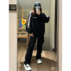 抖音得物美式全棉拼接织带撞色宽松潮连帽印花卫衣外套A1801，女装短外套，电商A443